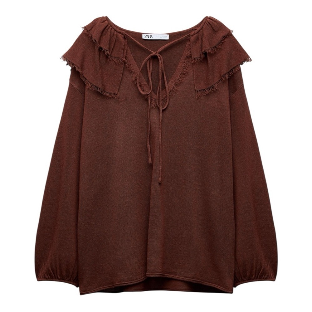 Zara Burgundy Ruffled Tie Front 3/4 Sleeve Blouse M NWOT - Picture 2 of 6